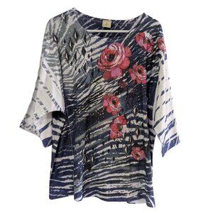 Jess & Jane Women's Navy Diamond 3/4 Sleeve Scoop Neck Top Blue Pink, Size Large